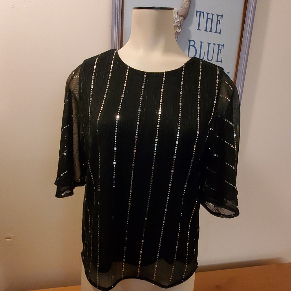 Sweet Rain sequin top w/ flutter sleeve & tie back